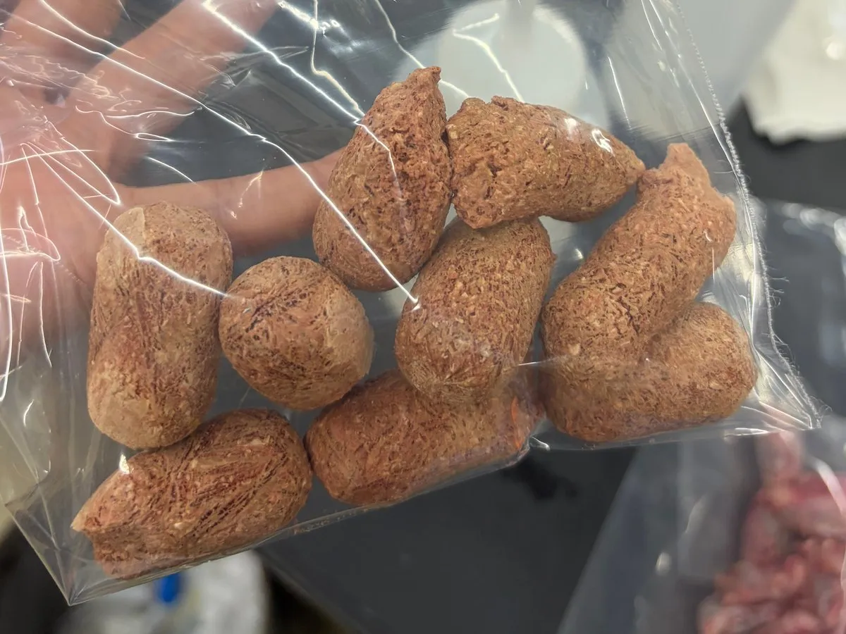 ジッパー付きの袋に入っためちゃマウス。茶色い棒状の固形物が入っている